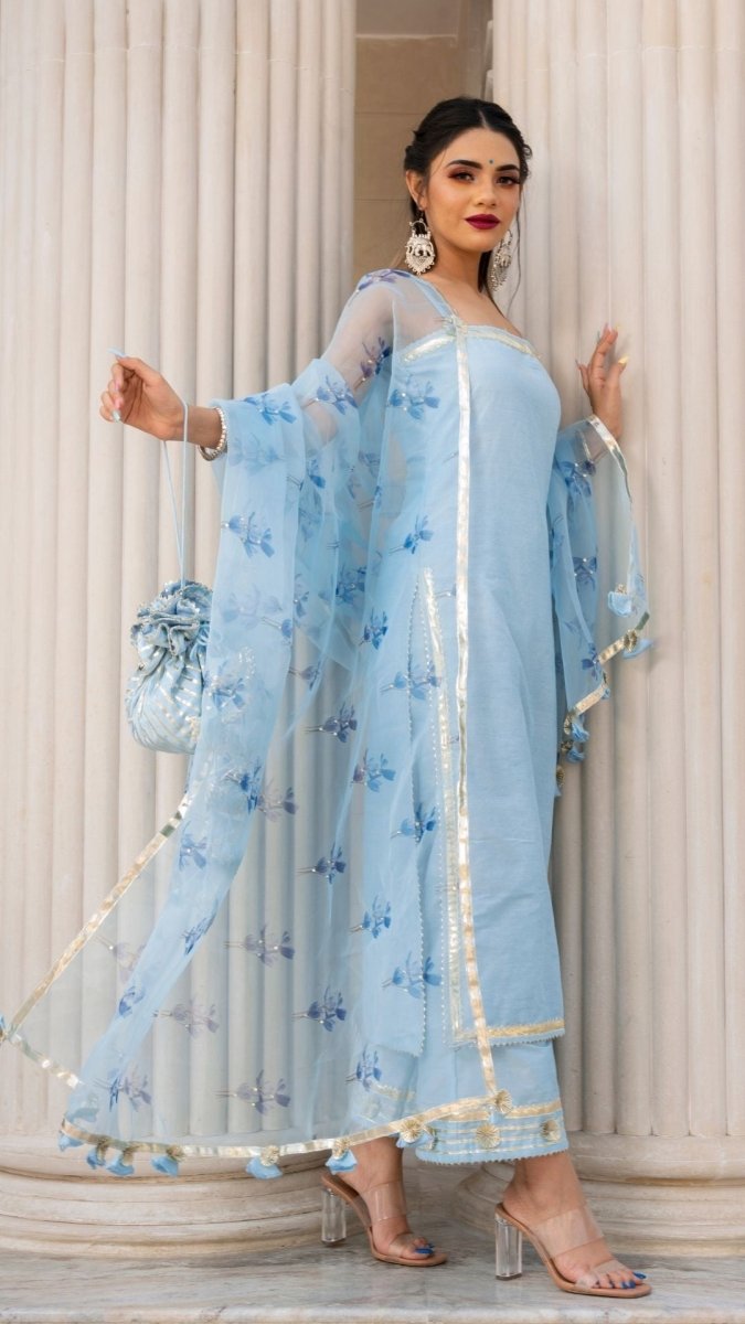 ZAARA BLUE COTTON SILK SUIT SET WITH ORGANZA DUPATTA - Pomcha Jaipur