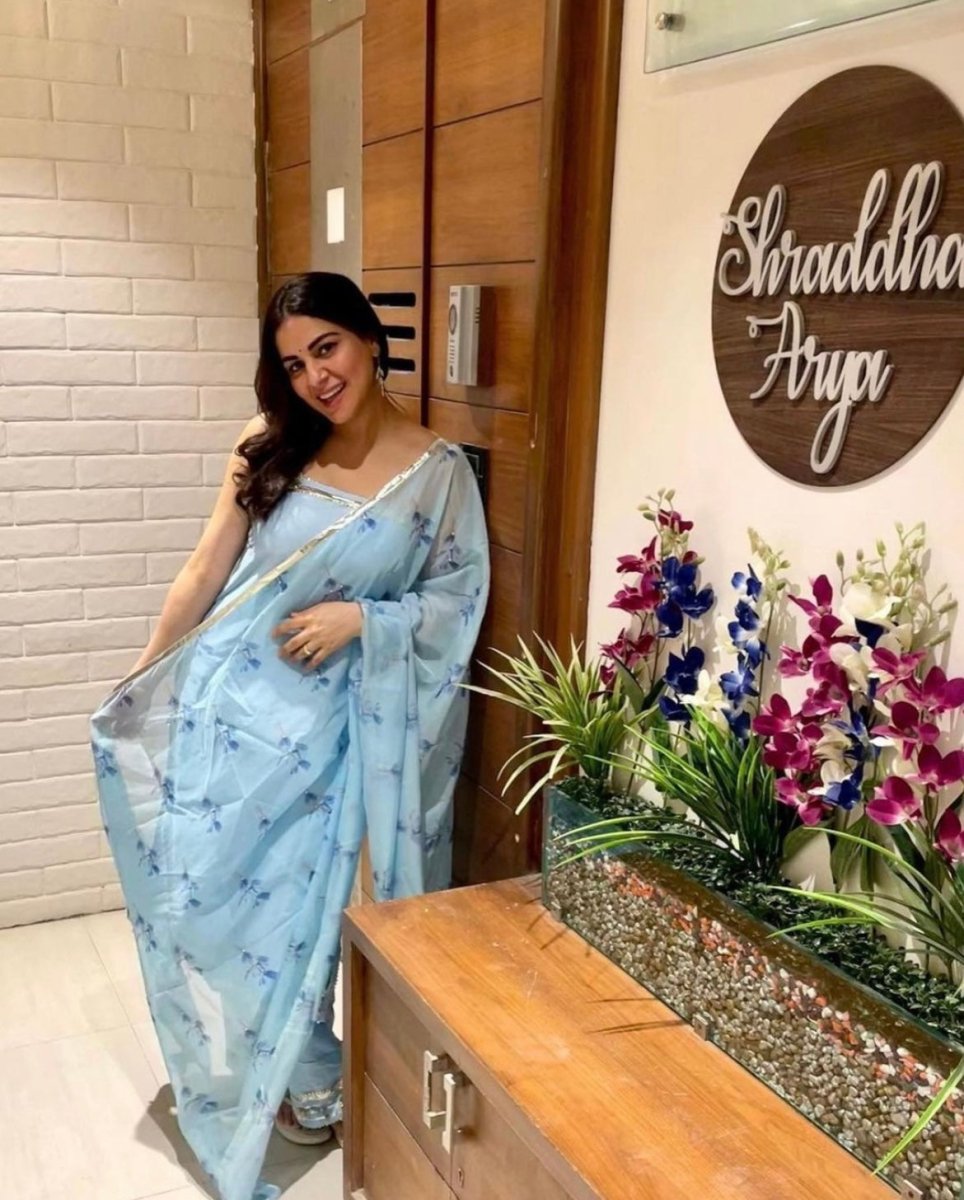 ZAARA BLUE COTTON SILK SUIT SET WITH ORGANZA DUPATTA - Pomcha Jaipur