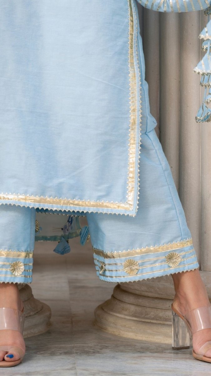 ZAARA BLUE COTTON SILK SUIT SET WITH ORGANZA DUPATTA - Pomcha Jaipur