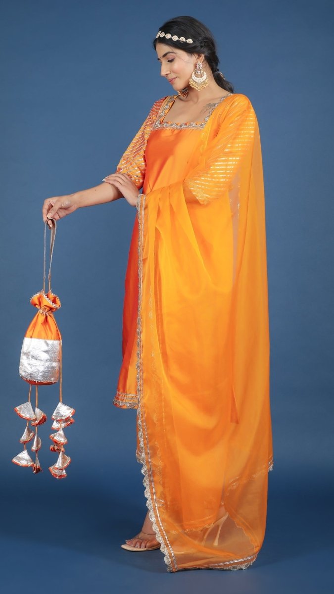 ZOYA ORANGE TAFFETA SILK SUIT SET - Pomcha Jaipur
