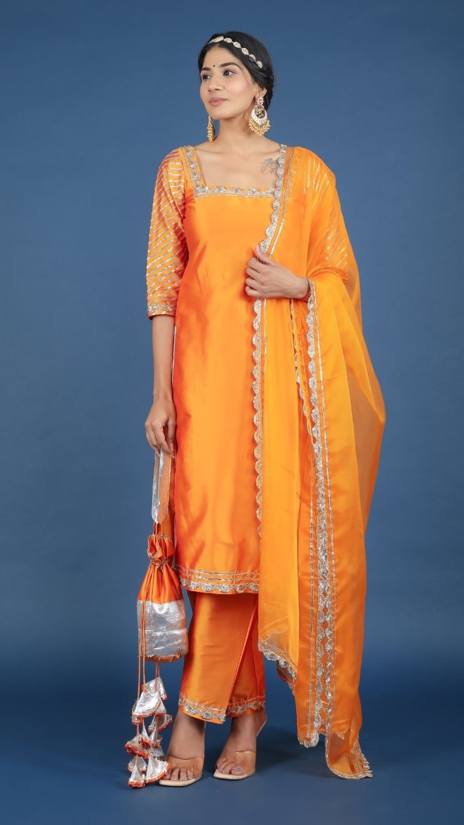 ZOYA ORANGE TAFFETA SILK SUIT SET - Pomcha Jaipur