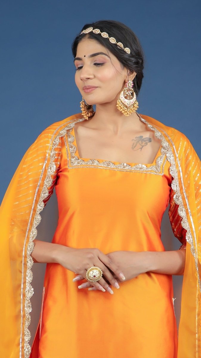 ZOYA ORANGE TAFFETA SILK SUIT SET - Pomcha Jaipur